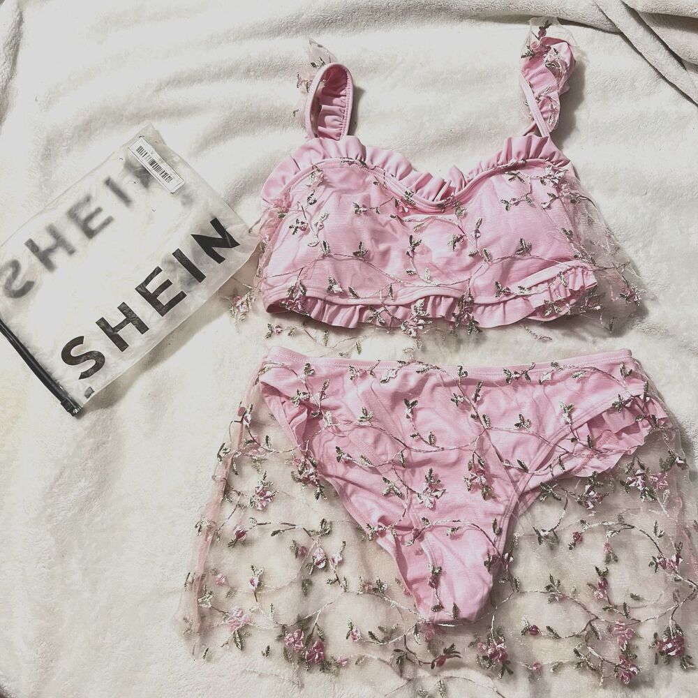 SHEIN Pink Floral Lingerie 2 Pc Set Bra Skirt Pantie Lace Sexy Romantic Love LG
